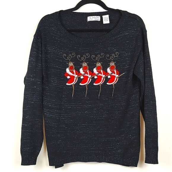 Isabella's Closet Crew Neck Christmas Sweater Embroidered Reindeer Rockettes - Picture 1 of 10